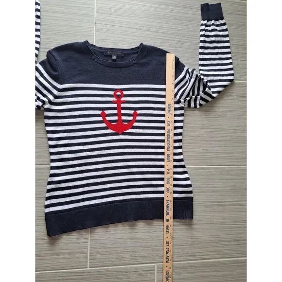 Brooks Brothers Nautical Black & White Striped Sweater Red Anchor Womens Med - Picture 3 of 10